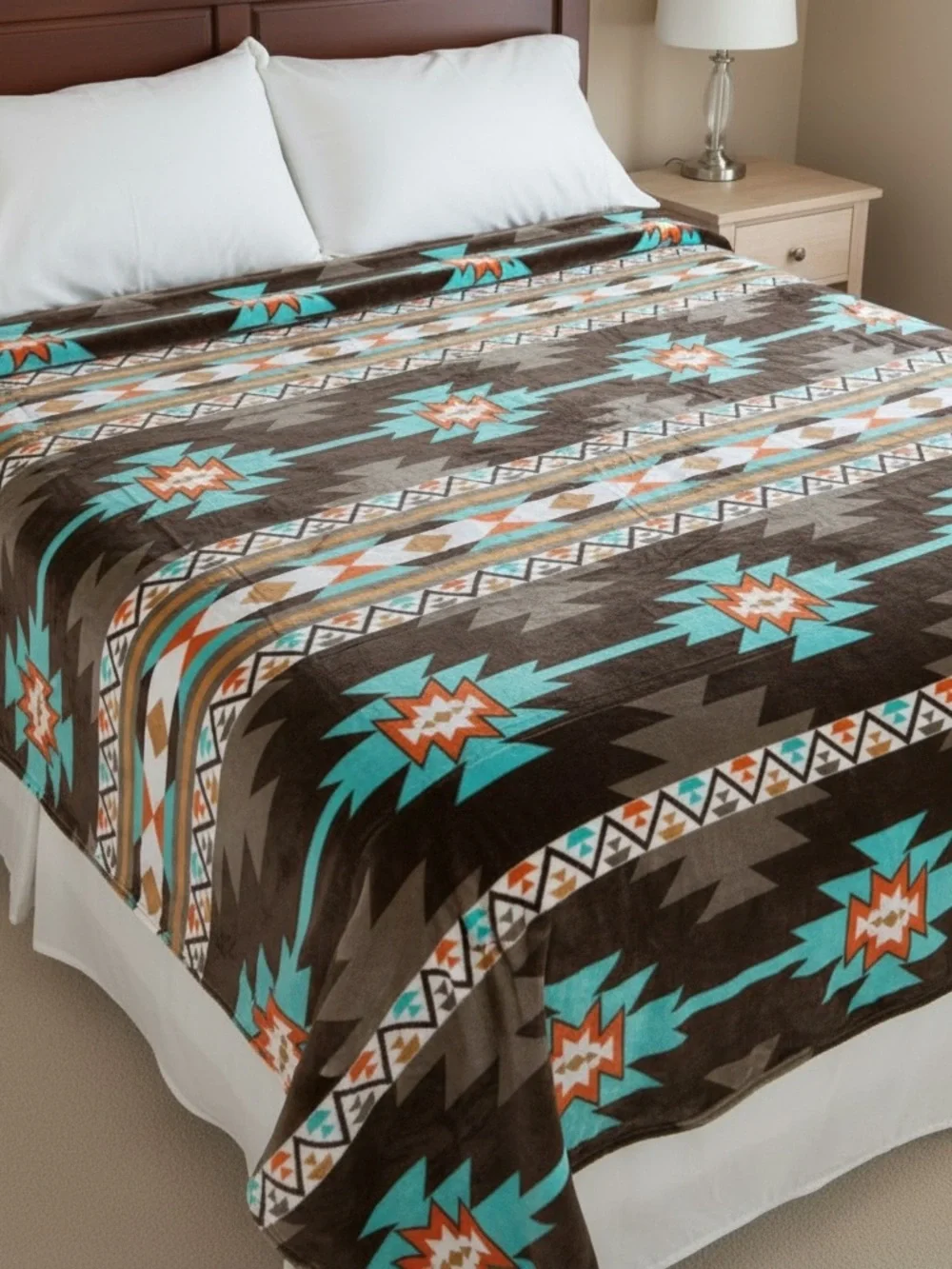 Queen Southwest tribal Aztec Geometric Plush fleece Blanket - Turquoise & Brown